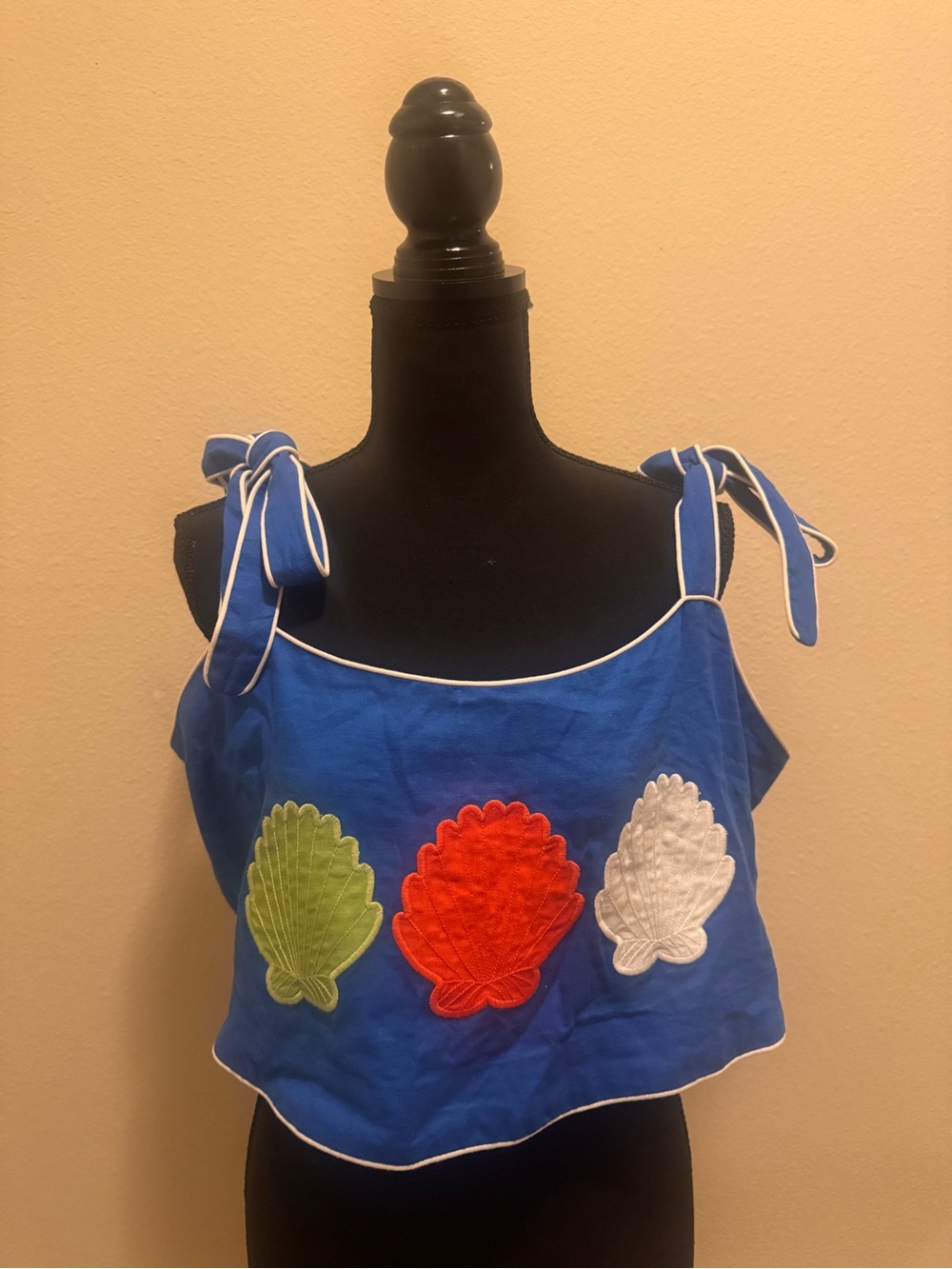 NWT FARM Rio Blue Tie-Shoulder Shell Appliqué Crop Top